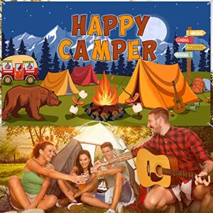 Camping Backdrop Camper Party Decoration Happy Camper Banner Campfire Forest Adventure Photography Background for Camping Theme Party Birthday Party Supplies with Rope, 72.8 x 43.3 Inch