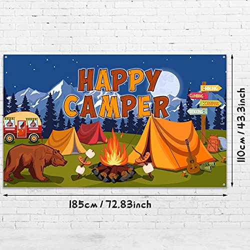 Camping Backdrop Camper Party Decoration Happy Camper Banner Campfire Forest Adventure Photography Background for Camping Theme Party Birthday Party Supplies with Rope, 72.8 x 43.3 Inch