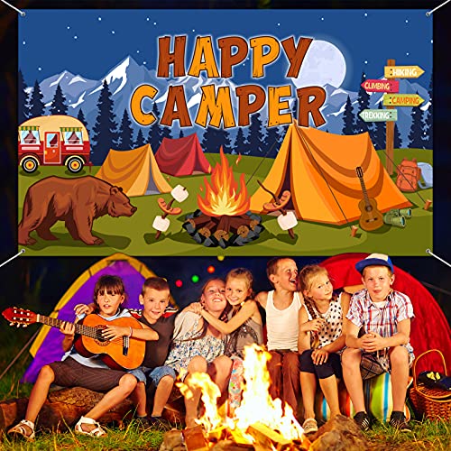 Camping Backdrop Camper Party Decoration Happy Camper Banner Campfire Forest Adventure Photography Background for Camping Theme Party Birthday Party Supplies with Rope, 72.8 x 43.3 Inch