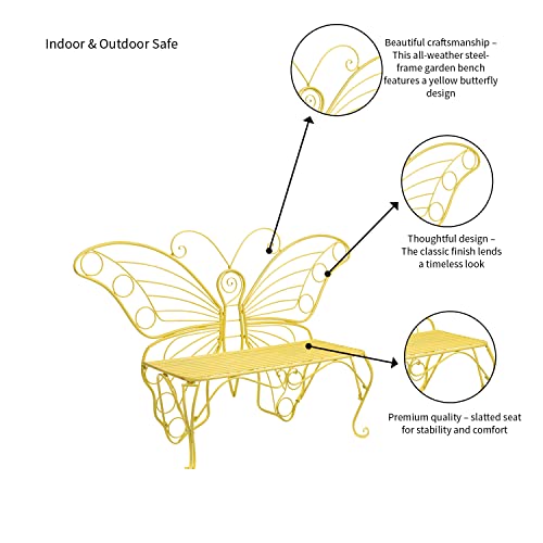 Plow & Hearth Weatherproof Butterfly Outdoor Bench | Holds Up to 300 lbs | Garden Patio Porch Park Deck | Metal | Yellow