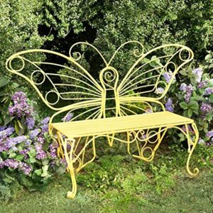 Plow & Hearth Weatherproof Butterfly Outdoor Bench | Holds Up to 300 lbs | Garden Patio Porch Park Deck | Metal | Yellow