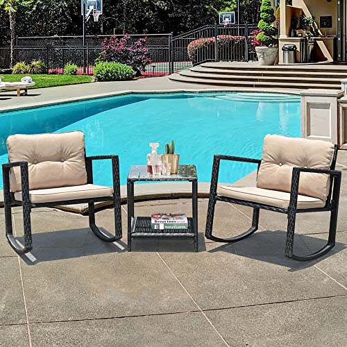 CXDTBH 3 PC Patio Rattan Conversation Set Rocking Chair Cushioned Sofa Garden Furniture Cushion