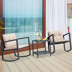 CXDTBH 3 PC Patio Rattan Conversation Set Rocking Chair Cushioned Sofa Garden Furniture Cushion