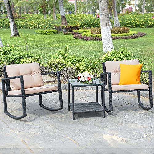 CXDTBH 3 PC Patio Rattan Conversation Set Rocking Chair Cushioned Sofa Garden Furniture Cushion