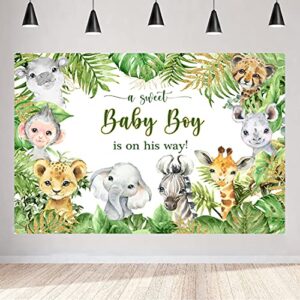 aperturee 5x3ft jungle safari animals bbay shower backdrop baby boy is on his way it’s a boy photography background green leaves photo booth studio cake table banner party decorations props supplies