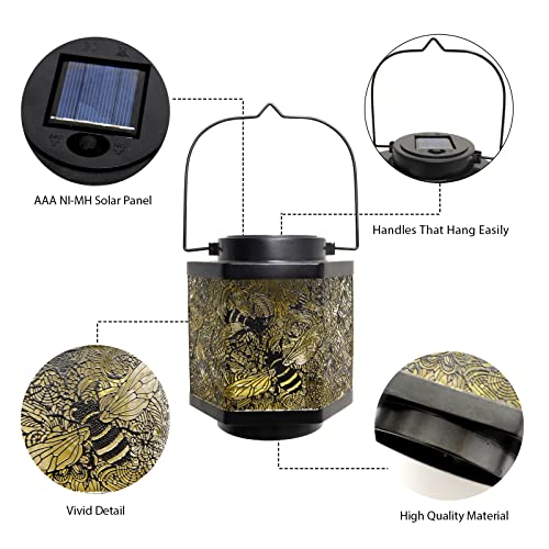 Solar Lanterns Lights Outdoor Hanging Lantern Garden Metal Waterproof LED Lantern Decor with bee Pattern Lights Solar Lamp Solar Lantern Table Lights for Desk Lawn Patio Pathway Landscape