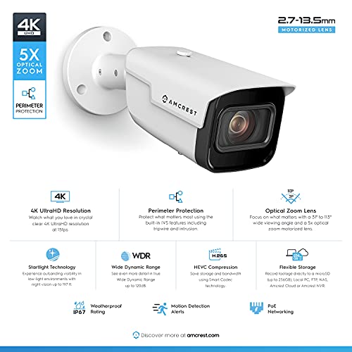 Amcrest 4K Optical Zoom IP Camera, Varifocal 8MP Outdoor POE Camera Bullet, Security Camera, 2.7mm~13.5mm Lens, IP67 Weatherproof, MicroSD Recording, (IP8M-VB2796EW)