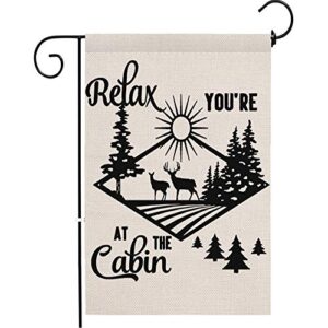 ramirar black word art quote relax you’re at the cabin trees sun deer decorative garden flag yard outdoor decor cotton linen 12.5 x 18 inches