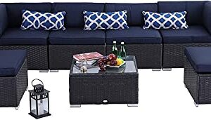 PHI VILLA 7-Piece Outdoor Rattan Sectional Sofa All Weather Patio Wicker Furniture Set Lawn Conversation Sets Cushioned Garden Sofa Set (Blue)