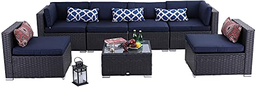 PHI VILLA 7-Piece Outdoor Rattan Sectional Sofa All Weather Patio Wicker Furniture Set Lawn Conversation Sets Cushioned Garden Sofa Set (Blue)