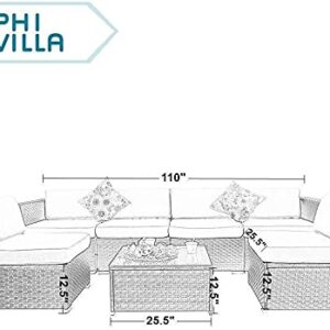 PHI VILLA 7-Piece Outdoor Rattan Sectional Sofa All Weather Patio Wicker Furniture Set Lawn Conversation Sets Cushioned Garden Sofa Set (Blue)