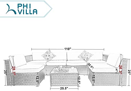 PHI VILLA 7-Piece Outdoor Rattan Sectional Sofa All Weather Patio Wicker Furniture Set Lawn Conversation Sets Cushioned Garden Sofa Set (Blue)