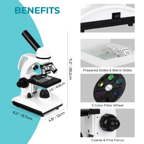 Tuword Microscopes for Kids Students Adults, 40X-1000X Optical Glass Lenses Microscope for School Home, Cordless LED Student Biological Compound Microscope with Microscope Slides, Phone Adaptor