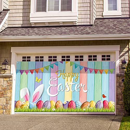 Easter Garage Door Decoration Happy Easter Garage Door Banner Large Easter Bunny Egg Spring Flower Cover Background Decal for Outdoor Indoor Hanging Party Supplies 6 x 13 ft