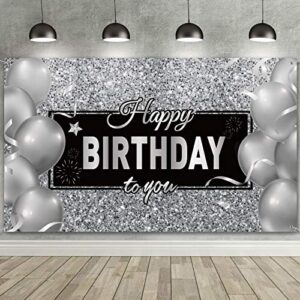 silver happy birthday banner backdrop silver birthday party decorations black white balloons happy birthday background photo photography banner for men women birthday supplies, 72.8 x 43.3 inch