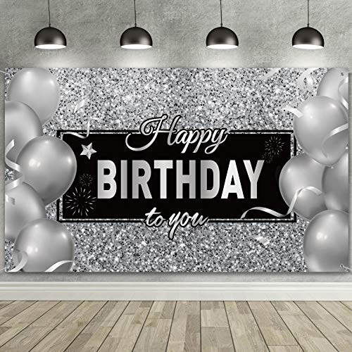 Silver Happy Birthday Banner Backdrop Silver Birthday Party Decorations Black White Balloons Happy Birthday Background Photo Photography Banner for Men Women Birthday Supplies, 72.8 x 43.3 Inch