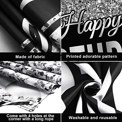 Silver Happy Birthday Banner Backdrop Silver Birthday Party Decorations Black White Balloons Happy Birthday Background Photo Photography Banner for Men Women Birthday Supplies, 72.8 x 43.3 Inch