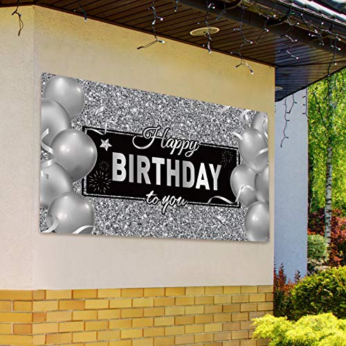 Silver Happy Birthday Banner Backdrop Silver Birthday Party Decorations Black White Balloons Happy Birthday Background Photo Photography Banner for Men Women Birthday Supplies, 72.8 x 43.3 Inch