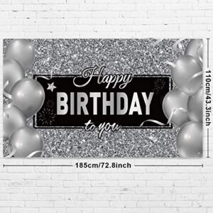 Silver Happy Birthday Banner Backdrop Silver Birthday Party Decorations Black White Balloons Happy Birthday Background Photo Photography Banner for Men Women Birthday Supplies, 72.8 x 43.3 Inch