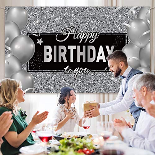 Silver Happy Birthday Banner Backdrop Silver Birthday Party Decorations Black White Balloons Happy Birthday Background Photo Photography Banner for Men Women Birthday Supplies, 72.8 x 43.3 Inch