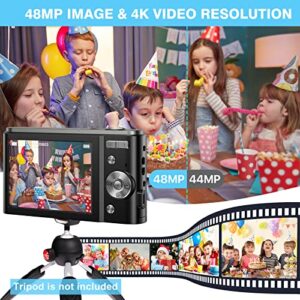 Digital Camera, 4K 48MP Vlogging Camera Compact Pocket Camera with 16X Zoom 32GB SD Card, Point and Shoot Camera for Adult Seniors Students Kids Beginner(Black)