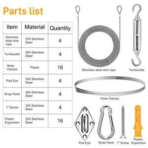 52Pcs Sun Shade Sail Hardware Kit, with 304 Anti-Rust Stainless Steel Rope,Heavy Duty Anti-Rust Square/Rectangle Shade Sail Installation for Garden Lawn Patio