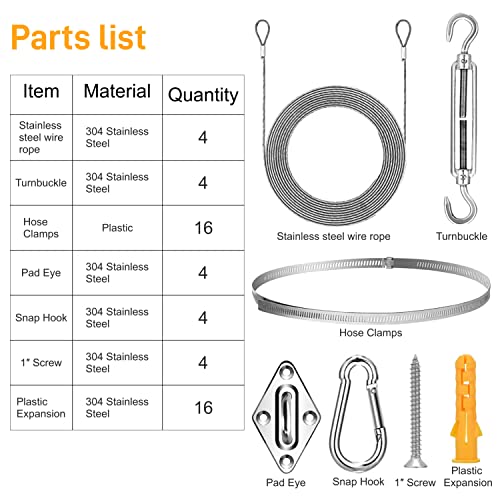 52Pcs Sun Shade Sail Hardware Kit, with 304 Anti-Rust Stainless Steel Rope,Heavy Duty Anti-Rust Square/Rectangle Shade Sail Installation for Garden Lawn Patio