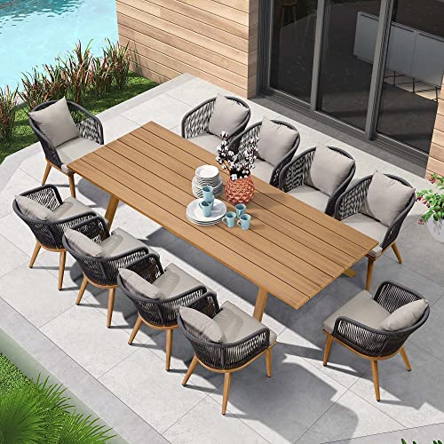 PURPLE LEAF 11 Pieces Patio Dining Set Wicker Outdoor Furniture Rectangular Table and Chairs Set for Garden Deck Teak-Finish Aluminum Frame Backyard Kitchen Set, Cushions and Pillows Included