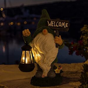 LUOZZY Flocked Garden Gnomes Statues with Solar Lights Garden Welcome Statue for Garden Yard Decorations