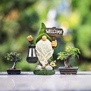 LUOZZY Flocked Garden Gnomes Statues with Solar Lights Garden Welcome Statue for Garden Yard Decorations
