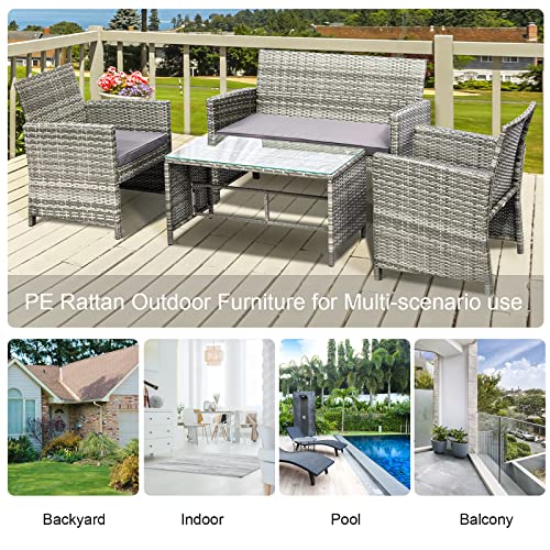 Outsunny 4pcs Outdoor Patio Furniture Set, 2 Plastic Rattan Chairs, 1 PE Wicker Loveseat Sofa, 1 Center Coffee Table with Tempered Glass Table-Top, Soft Cushions for Backyard, Garden, Light Grey