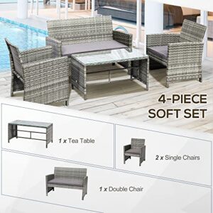 Outsunny 4pcs Outdoor Patio Furniture Set, 2 Plastic Rattan Chairs, 1 PE Wicker Loveseat Sofa, 1 Center Coffee Table with Tempered Glass Table-Top, Soft Cushions for Backyard, Garden, Light Grey