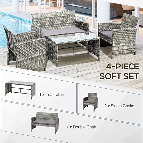 Outsunny 4pcs Outdoor Patio Furniture Set, 2 Plastic Rattan Chairs, 1 PE Wicker Loveseat Sofa, 1 Center Coffee Table with Tempered Glass Table-Top, Soft Cushions for Backyard, Garden, Light Grey