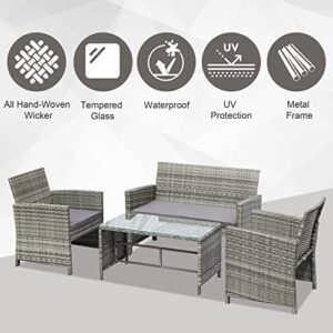 Outsunny 4pcs Outdoor Patio Furniture Set, 2 Plastic Rattan Chairs, 1 PE Wicker Loveseat Sofa, 1 Center Coffee Table with Tempered Glass Table-Top, Soft Cushions for Backyard, Garden, Light Grey