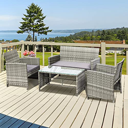 Outsunny 4pcs Outdoor Patio Furniture Set, 2 Plastic Rattan Chairs, 1 PE Wicker Loveseat Sofa, 1 Center Coffee Table with Tempered Glass Table-Top, Soft Cushions for Backyard, Garden, Light Grey