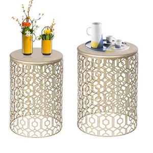adeco metal nesting tables set of 2, round end side coffee table decorative nightstands for home office indoor and garden outdoor, gold