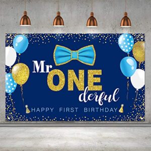 mr. onederful birthday party decorations for boys happy 1st birthday banner backdrop large first birthday cake table decor mr one party favor supplies (blue and gold)