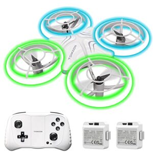 tomzon a34 drone for kids with green and blue led lights, rc mini drone with altitude hold, 3d flip, headless mode and 3 speeds, quadcopter with 5 light modes, 2 batteries, toy gift for boys and girls
