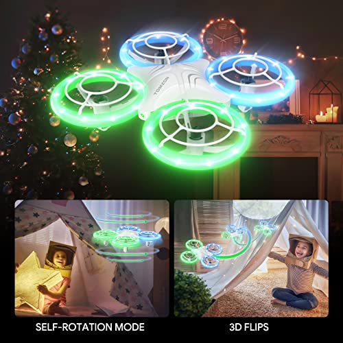 TOMZON A34 Drone for Kids with Green and Blue LED Lights, RC Mini Drone with Altitude Hold, 3D Flip, Headless Mode and 3 Speeds, Quadcopter with 5 Light Modes, 2 Batteries, Toy Gift for Boys and Girls