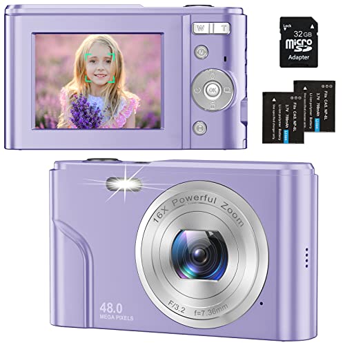 Digital Camera for Teens Kids, 1080P 48MP Kids Camera with 32GB SD Card, 2.4 Inch LCD Screen Kids Digital Camera with 16X Digital Zoom, Compact Kid Camera for Kids Girls Boys Adults Beginners (Purple)