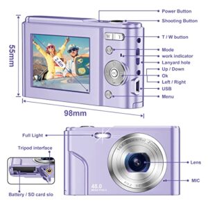 Digital Camera for Teens Kids, 1080P 48MP Kids Camera with 32GB SD Card, 2.4 Inch LCD Screen Kids Digital Camera with 16X Digital Zoom, Compact Kid Camera for Kids Girls Boys Adults Beginners (Purple)