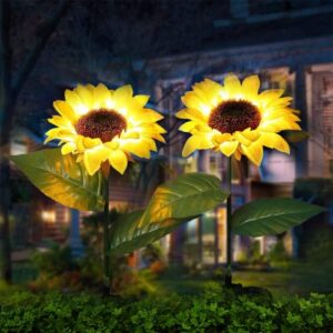 qfc sunflower solar lights outdoor garden decorations, upgraded 2 pcs solar garden lights for yard decor, waterproof led sunflowers artificial flowers lights for lawn, patio, porch, backyard (2pcs)