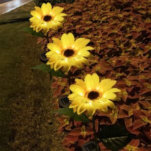 QFC Sunflower Solar Lights Outdoor Garden Decorations, Upgraded 2 PCS Solar Garden Lights for Yard Decor, Waterproof LED Sunflowers Artificial Flowers Lights for Lawn, Patio, Porch, Backyard (2PCS)