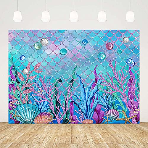 ABLIN 7x5ft Under The Sea Backdrop for Photoshoot Purple Corals Pearls Photography Background Little Mermaid Party Decorations for Girls Photo Shoot Props Cake Table Banner