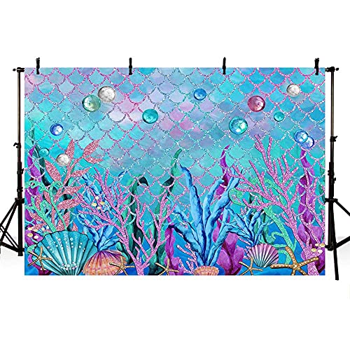 ABLIN 7x5ft Under The Sea Backdrop for Photoshoot Purple Corals Pearls Photography Background Little Mermaid Party Decorations for Girls Photo Shoot Props Cake Table Banner