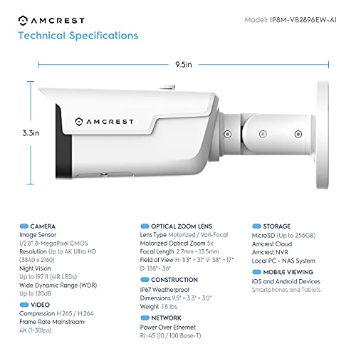 Amcrest 4K Optical Zoom AI IP PoE Camera, Varifocal 8MP Outdoor IP POE Camera Bullet, Face Detection, Human & Vehicle Detection, 2.7mm~13.5mm Lens, IP67, 5X Optical Zoom, (IP8M-VB2896EW-AI)