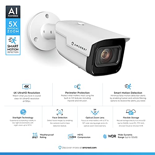 Amcrest 4K Optical Zoom AI IP PoE Camera, Varifocal 8MP Outdoor IP POE Camera Bullet, Face Detection, Human & Vehicle Detection, 2.7mm~13.5mm Lens, IP67, 5X Optical Zoom, (IP8M-VB2896EW-AI)