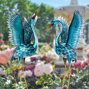 natelf garden crane statues for outdoor, blue heron decoy garden sculptures, standing metal bird yard art for patio pond backyard decor(set of 2)
