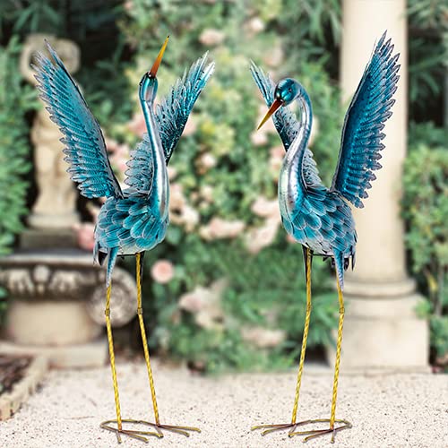 Natelf Garden Crane Statues for Outdoor, Blue Heron Decoy Garden Sculptures, Standing Metal Bird Yard Art for Patio Pond Backyard Decor(Set of 2)