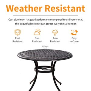 Withniture 35.5 Inch Patio Bistro Dining Table, Cast Aluminum Patio Table with 1.97" Umbrella Hole,Round Outdoor Dining Table for Garden, Patio, Porch(Bronze)